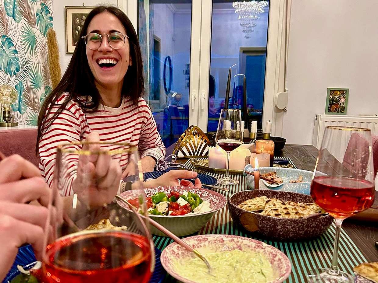 Table laid for a Greek home-cooking class in Athens