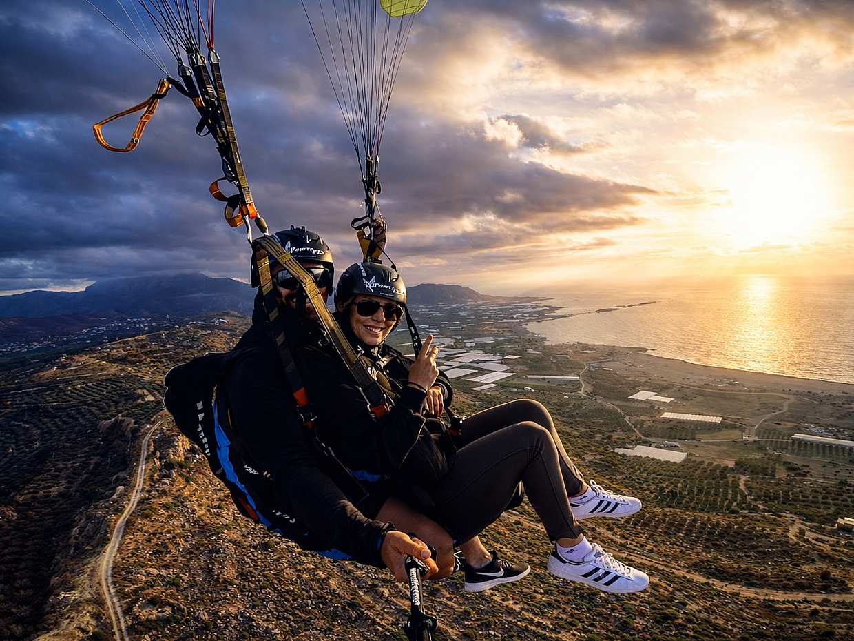 Tandem paraglider soaring above the Chania coastline in Crete
